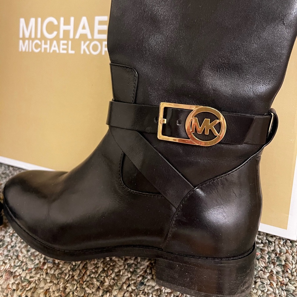 Michael Kors Black Leather Ankle Boots with Gold Buckle size 7.5